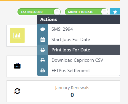 Workshop Software print all job cards for a specific day - gold only showing 'print jobs for date' from the drop down menu