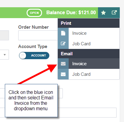 Workshop Software screen showing this brings up the print & email options, select email invoice