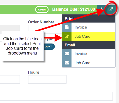 Workshop Software screen showing this brings up the print and email options, select print job card