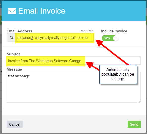 Email Invoice dialog with the customer email address and subject line highlighted and a note that they populate automatically