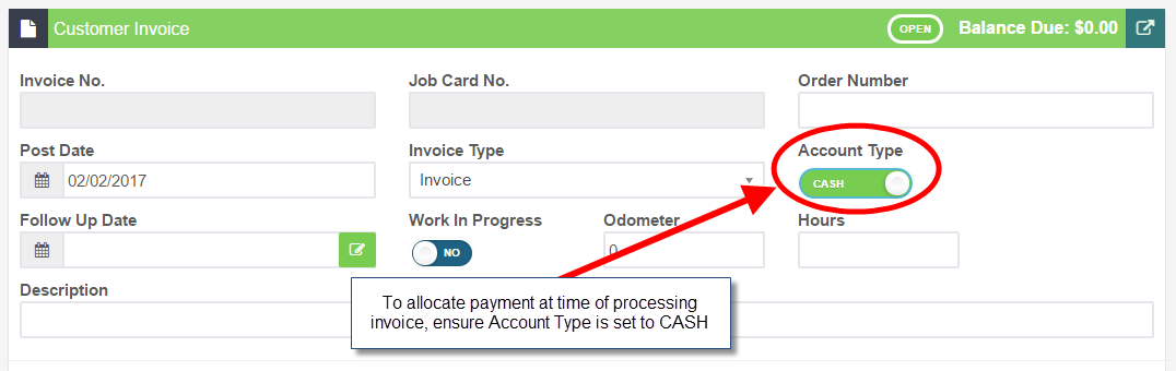 Workshop Software screen showing before processing the invoice ensure that the account type on the invoice is ...