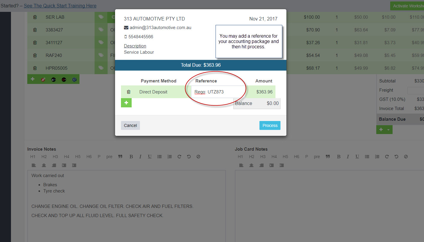 Workshop Software process payment on a cash invoice showing blue 'process' button