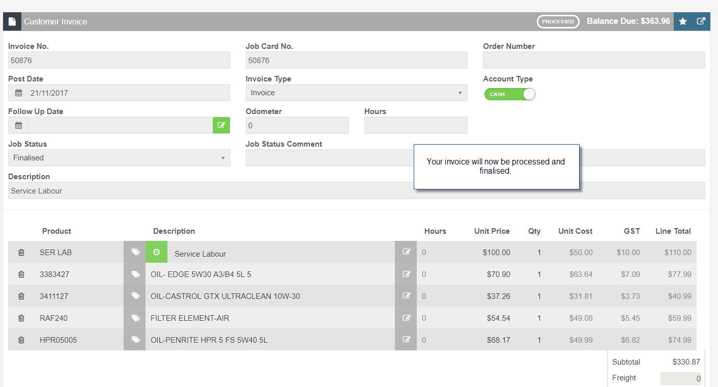 Workshop Software screen showing if you are integrated with an accounting software such as xero, the payment w...