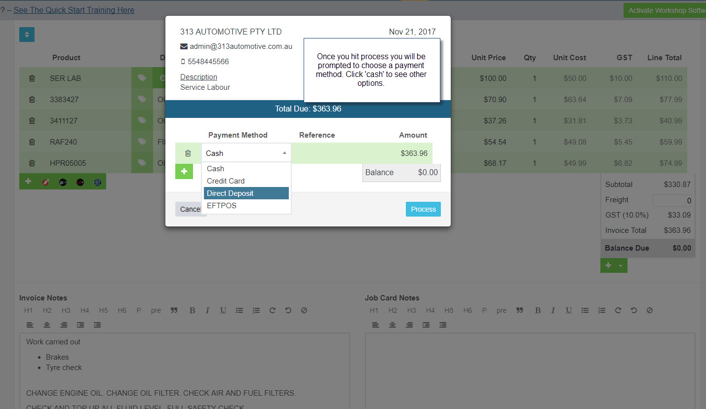 Workshop Software screen showing please refer to this guide on how to add or edit payment methods available