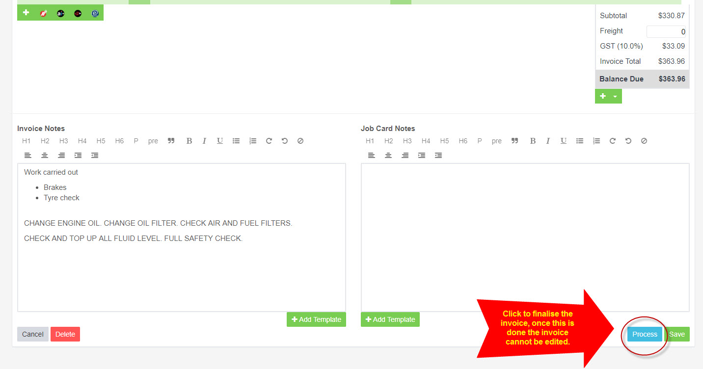 Workshop Software screen showing once the work has been completed and the invoice is correct, click on the blu...