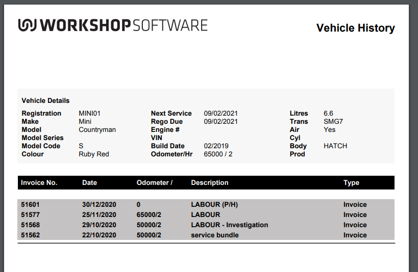 Vehicle History report showing vehicle details and a list of invoices with descriptions