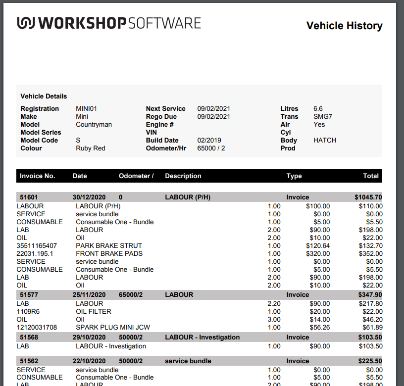 Vehicle History report showing a longer list of invoice lines for the vehicle