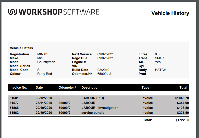 Vehicle History report showing vehicle details and four invoice lines with a total