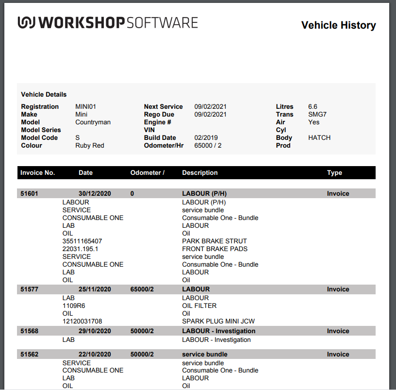 Vehicle History report showing the vehicle details and its invoice history