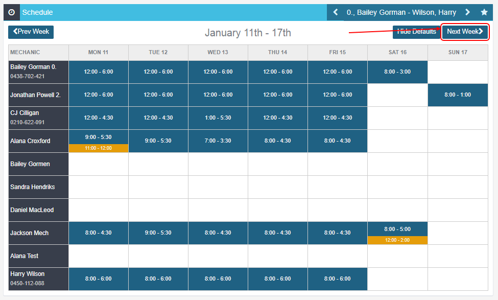 Workshop Software schedule a mechanic for a day off showing day(s) that need scheduling off, by clicking the 'next week' b...