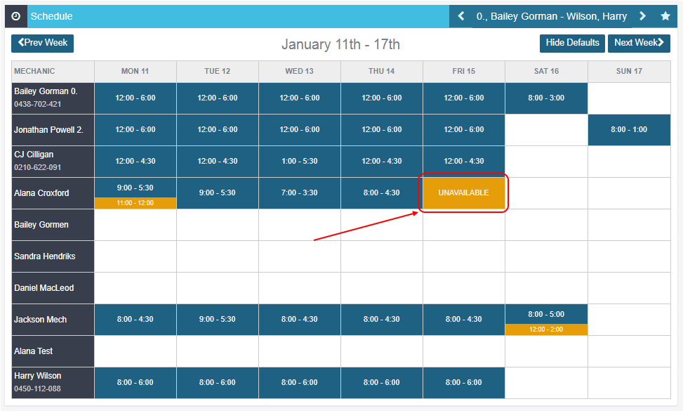 Workshop Software screen showing if the staff needs to have the whole day off, click on the yellow 'unavailabl...