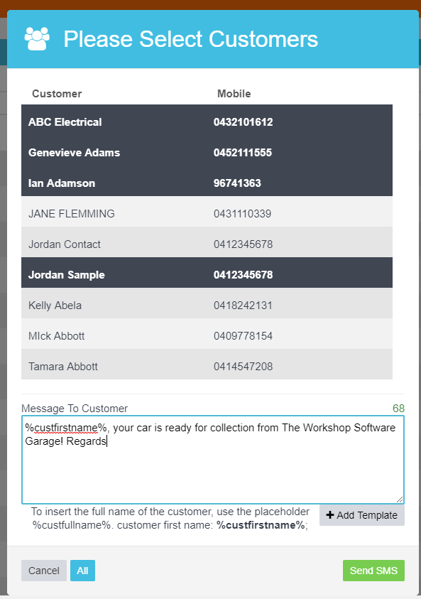 Workshop Software send a bulk sms to current job clients showing out your message with the correct fields and hit ' send s...