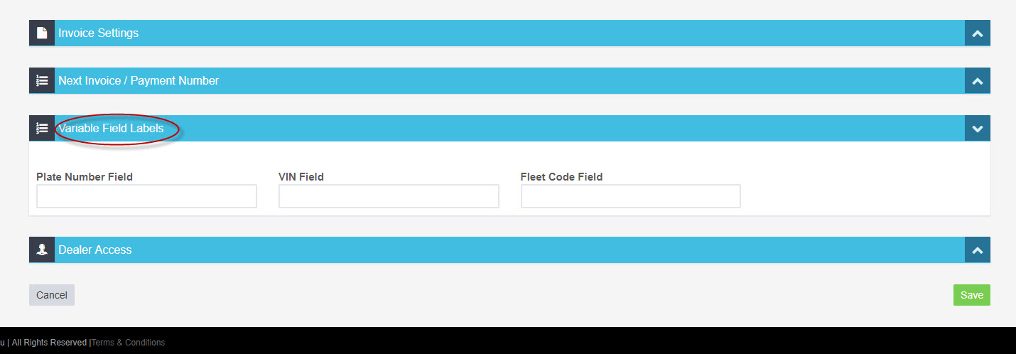 Company Settings with the Variable Field Labels section circled and its plate number, VIN and fleet code fields shown