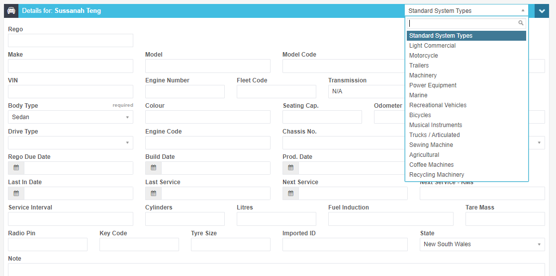 Vehicle details with the system types dropdown open listing the industry options such as Marine and Agricultural