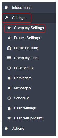 Workshop Software screen showing go into your 'settings' tab on the left, then select 'company settings'