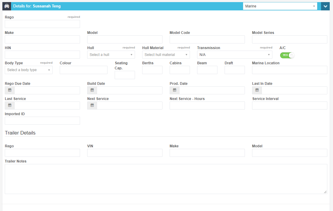Vehicle details after choosing Marine, showing marine specific fields such as hull details and trailer details