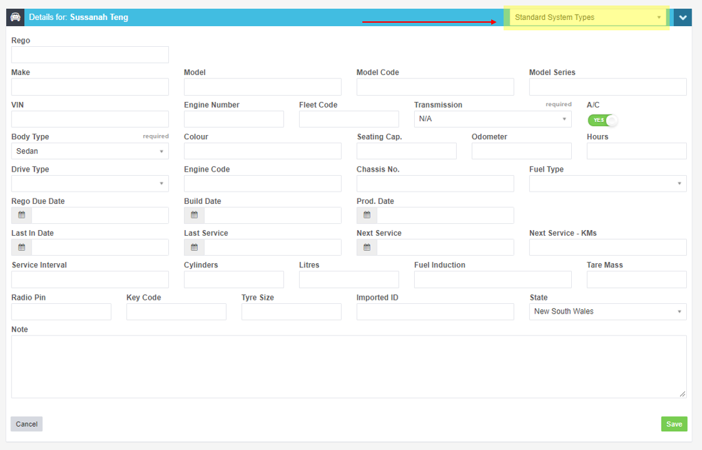 Vehicle details screen with the Standard System Types dropdown highlighted in the top right corner