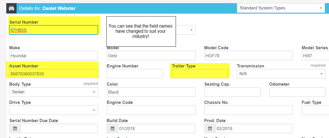 Vehicle details with renamed fields highlighted and a callout noting the field names have changed to suit the industry