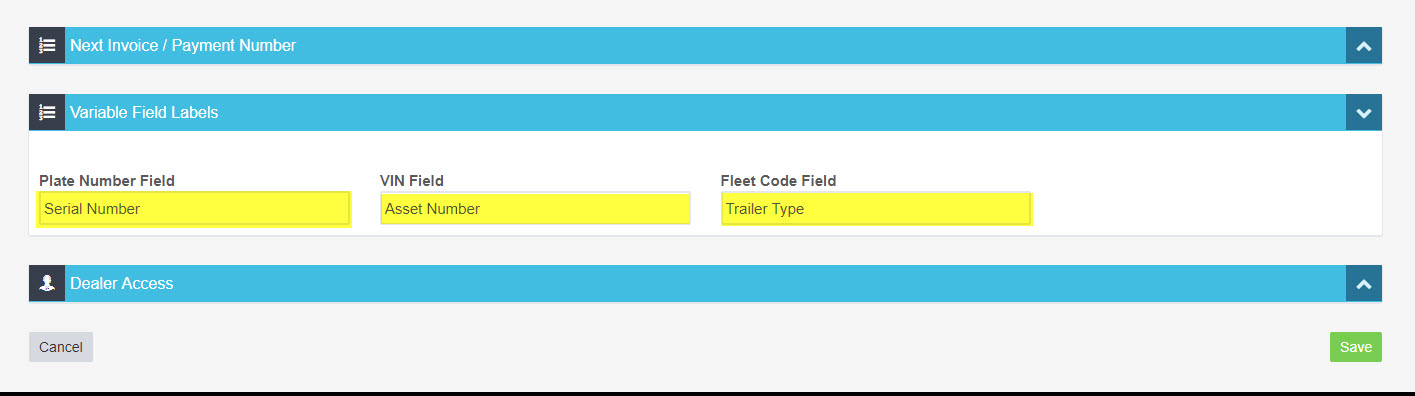Variable Field Labels with custom names entered for the plate number, VIN and fleet code fields, highlighted in yellow