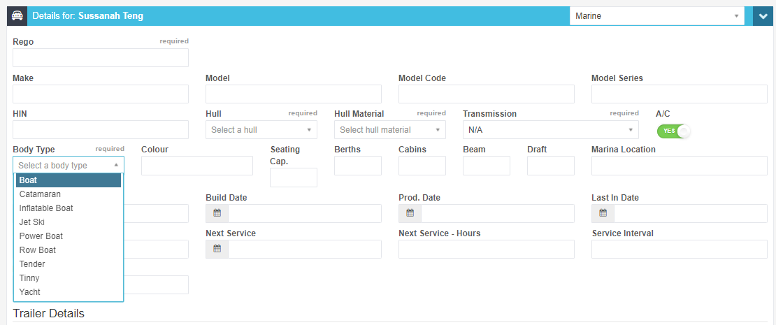 Vehicle details for a marine unit with the body type dropdown open