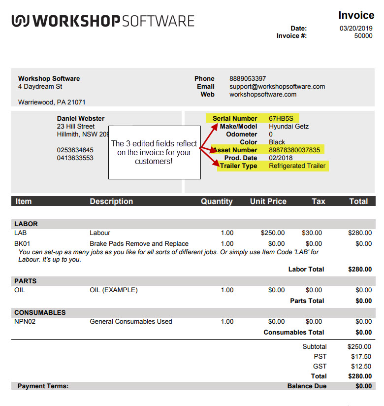 Tax invoice with the vehicle details block highlighted