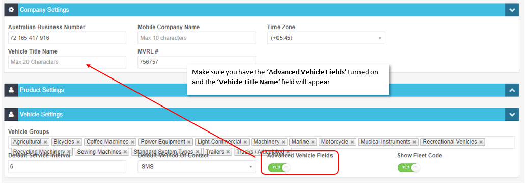 Company Settings with an arrow to the Vehicle Title Name field and the Advanced Vehicle Fields toggle highlighted