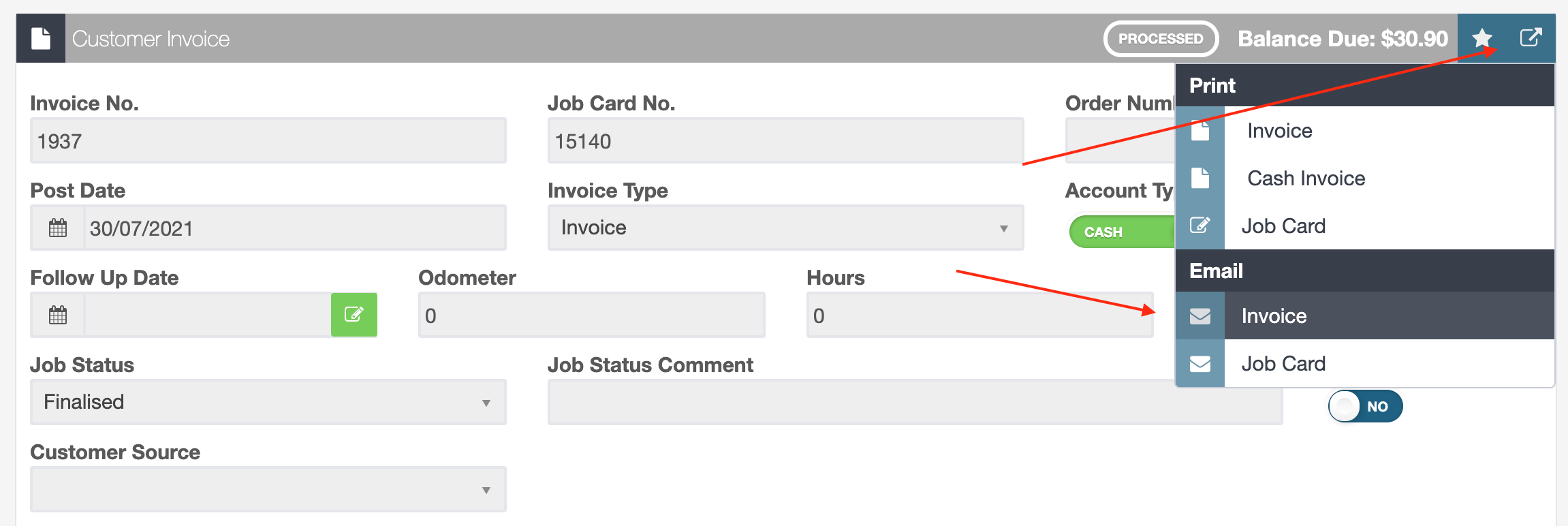 Customer invoice with the print and email menu open and Invoice selected under Email