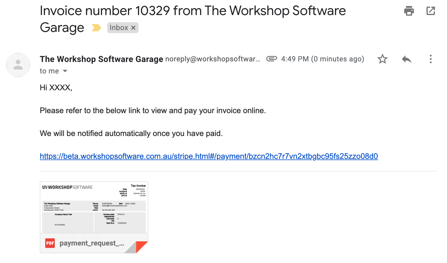 Customer's email showing the invoice with a link to view and pay online