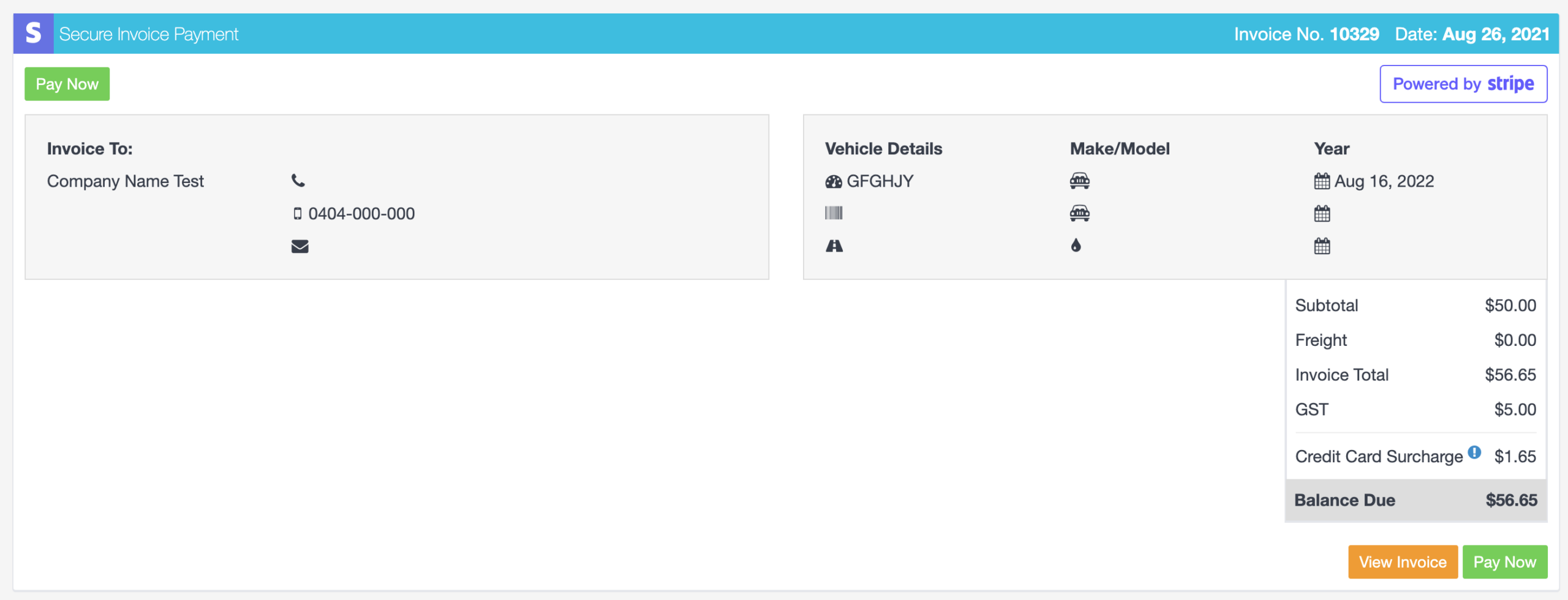 Secure invoice payment page powered by Stripe showing the invoice totals and Pay Now button