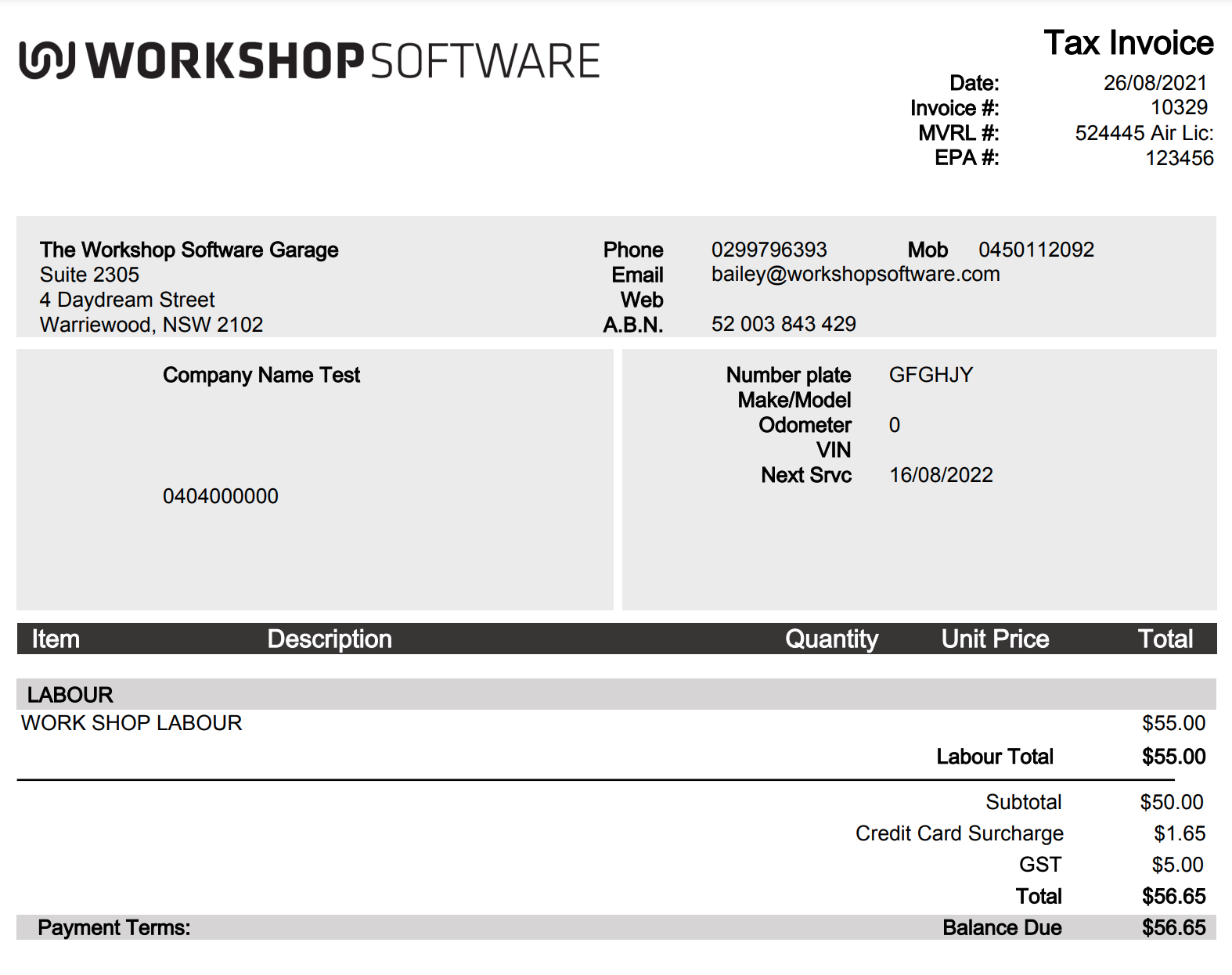 Tax invoice showing a credit card surcharge line added to the total