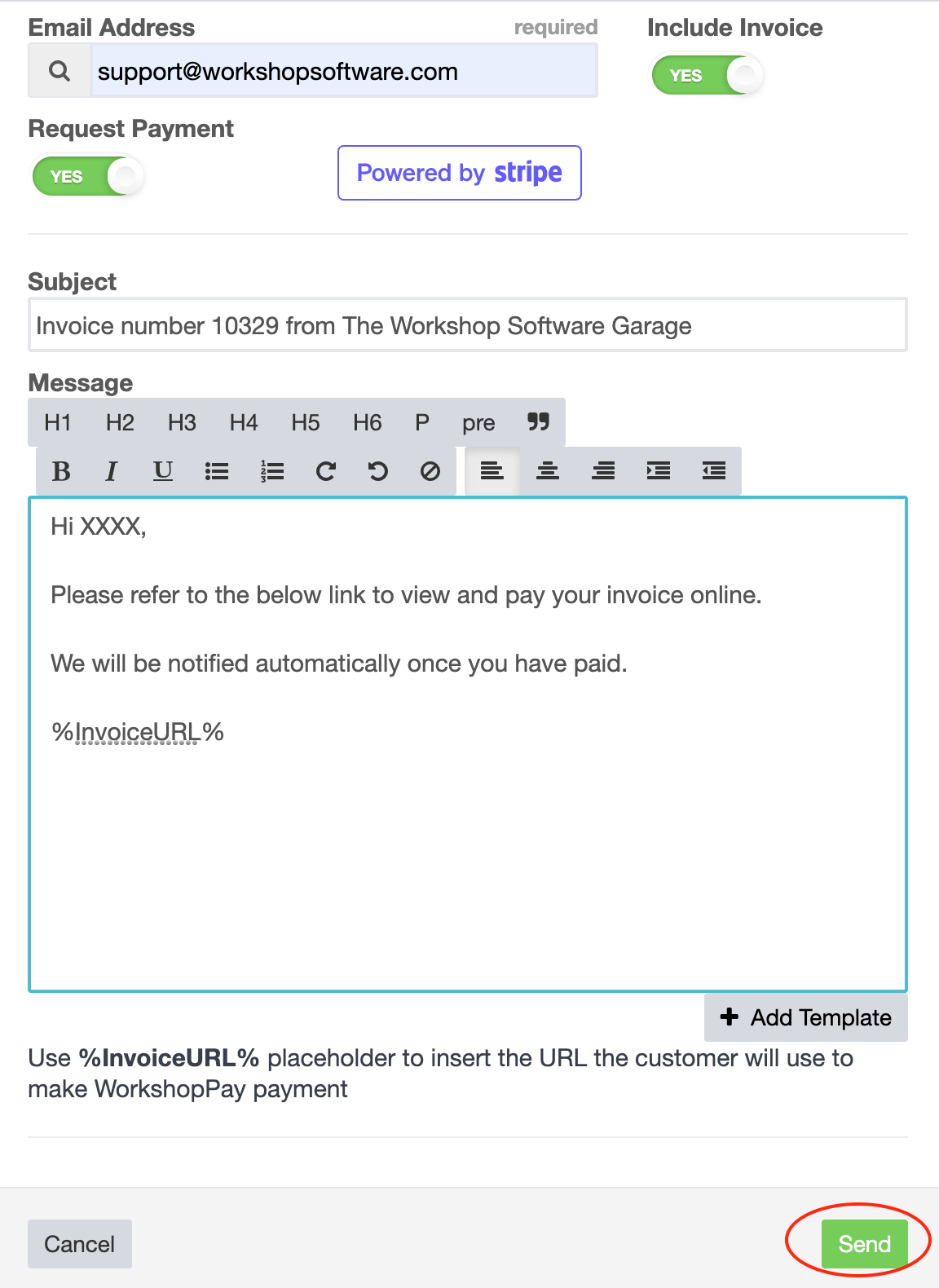 Email pop-up showing the message body containing the payment link placeholder