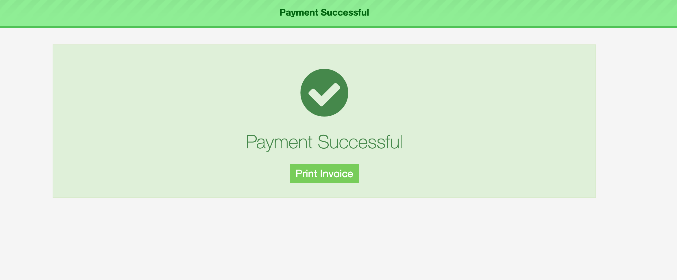 Payment successful confirmation with a Print Invoice button