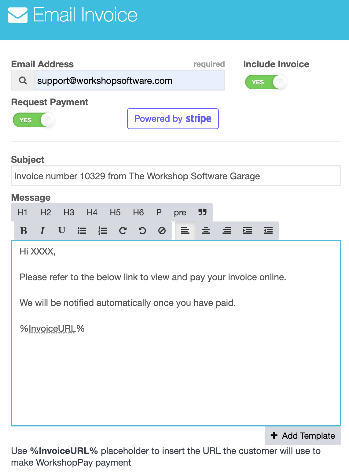 Email pop-up with the Request Payment toggle switched on