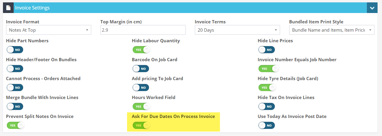 Workshop Software screen showing you can turn on the "ask for due dates on process invoice" toggle in your com...