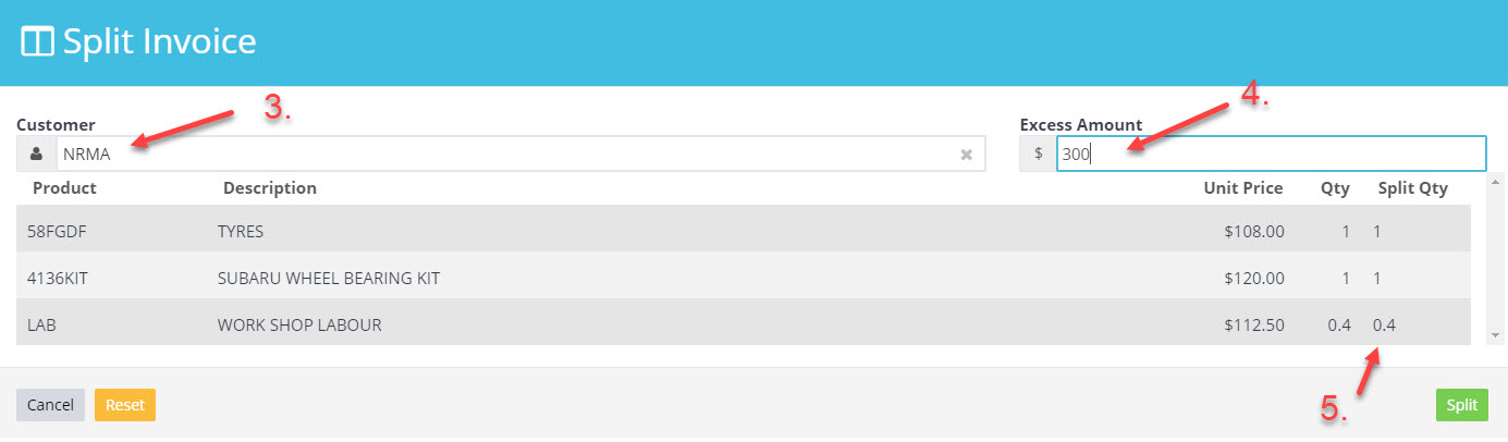Split Invoice screen showing the second customer, the excess amount and the split quantities per product