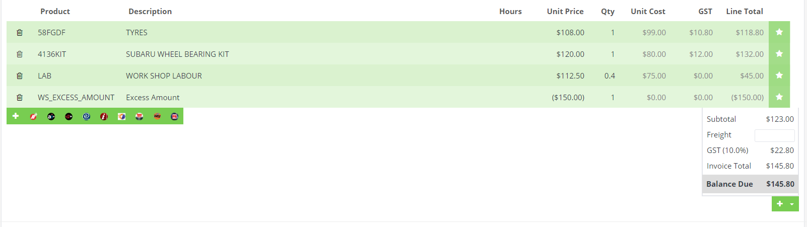 Split invoice result showing the original invoice with the excess amount line and revised balance due