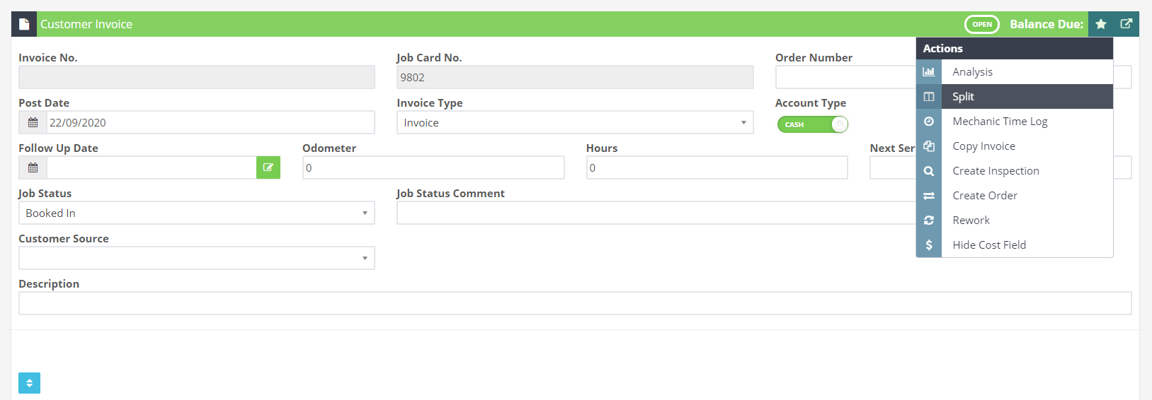 Customer invoice with the Actions menu open and Split highlighted