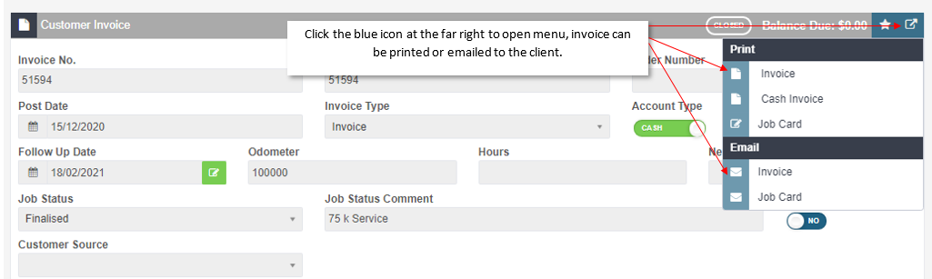Customer invoice with the print and email menu open and a note about the blue icon at the far right