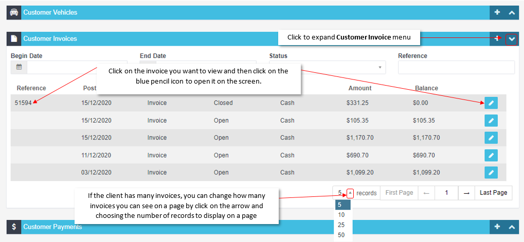 Customer invoices list with notes about expanding the invoice menu and changing how many records display per page