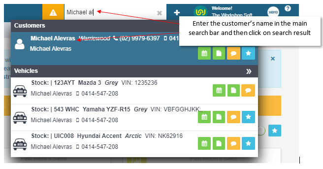 Search results showing the customer and their vehicles
