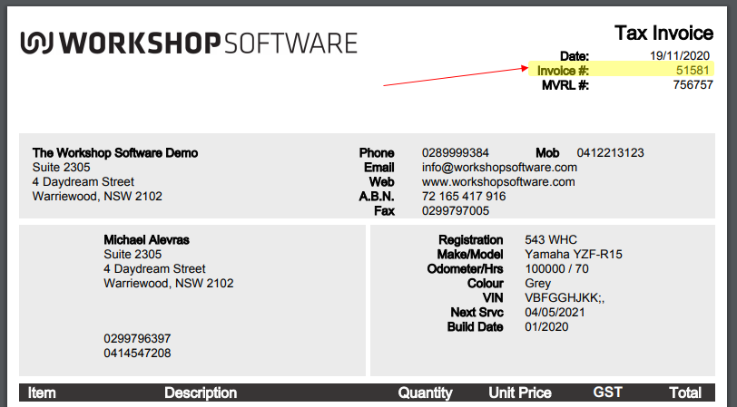 Tax invoice with the invoice number highlighted