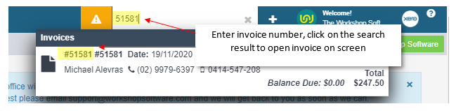 Search results showing a matching invoice with a note to enter the invoice number and click the result