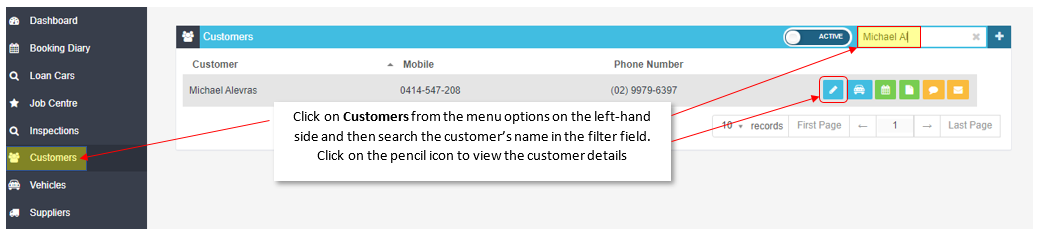 Customers list with notes describing how to search for a customer and click the pencil icon to view their details