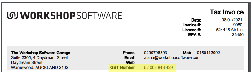 Workshop Software screen showing your gst number will now show at the top of all customer invoices