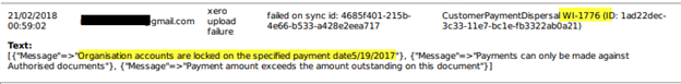 Workshop Software screen showing common error messages "organisation accounts are locked on the specified paym...