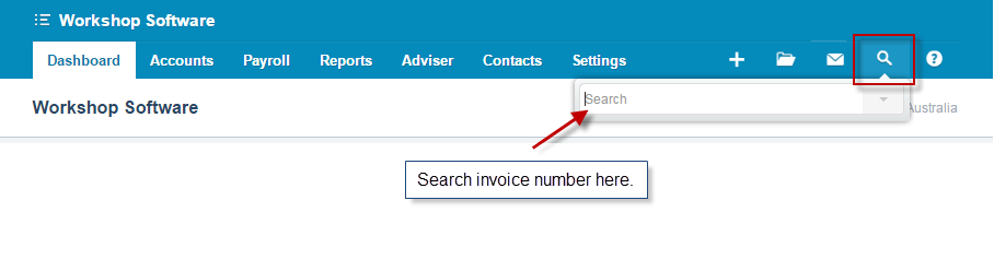 Workshop Software screen showing in the example error above, the invoice number had been highlighted