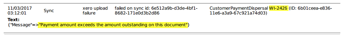 Xero sync log entry showing a failed sync with the message that the payment amount exceeds the amount outstanding
