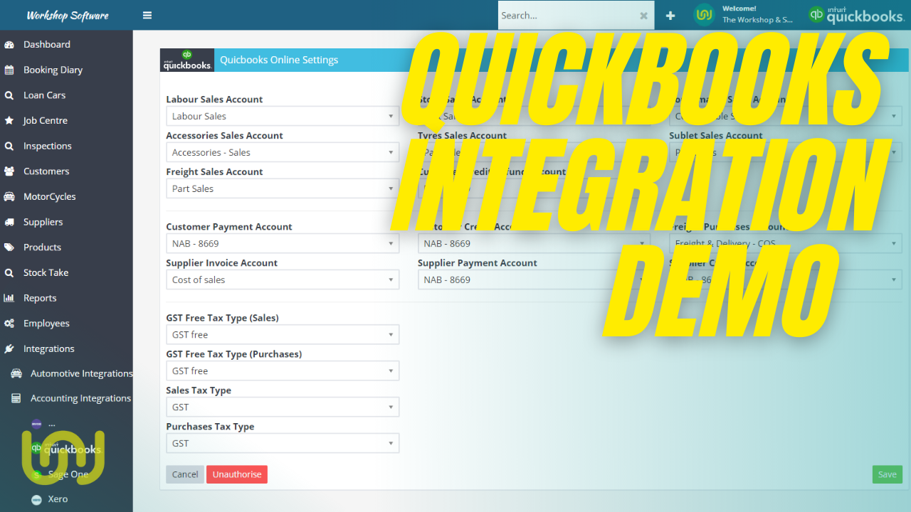 Workshop Software QuickBooks Integration Demo