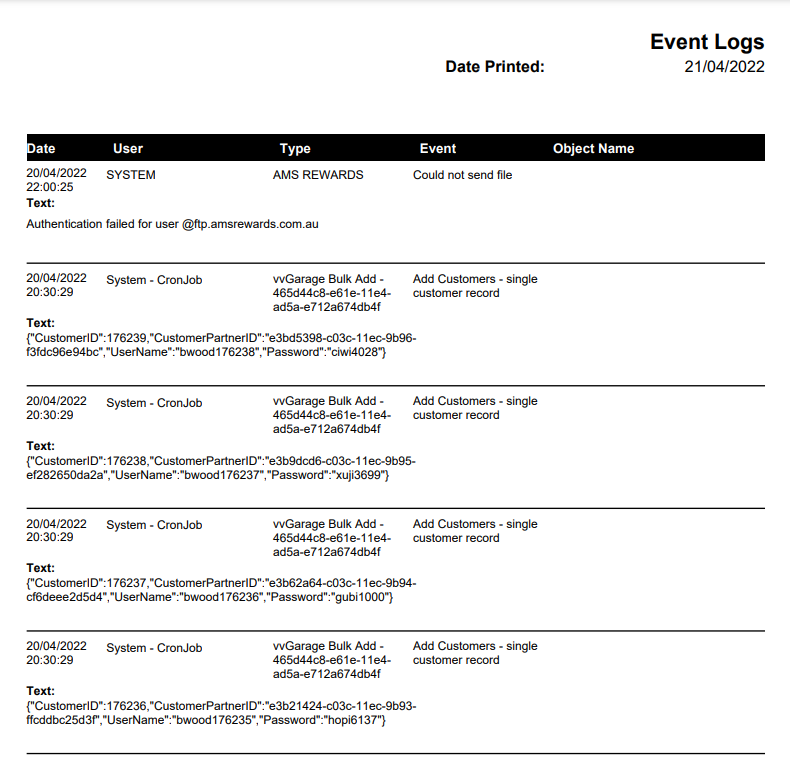 Screenshot of Event Log report