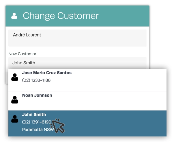 A screenshot of the new Customer select search when Changing a Customer, a cursor indicates to click to select a Customer.